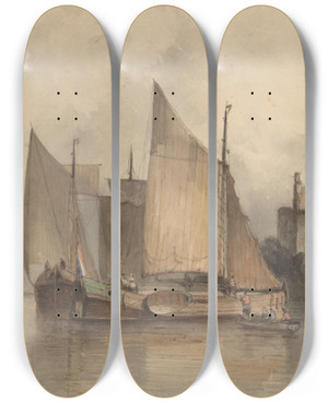 Triptych art skateboard deck of Antonie Waldorp Riviergezicht Met Een Zeilschip by Antonie Waldorp (1803-1866)