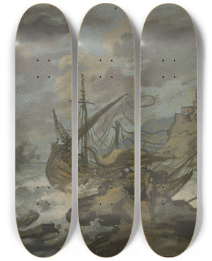 Triptych art skateboard deck of Adriaen Van Der Cabel Seesturm An Felsiger Kste Vorne Ein Gestrandetes Schiff by Adriaen Van Der Cabel (1631-1705)