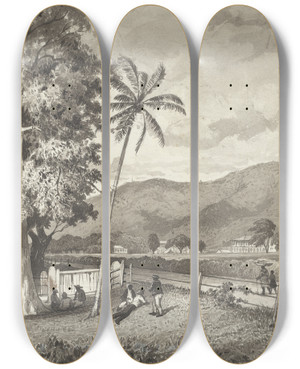 Triptych art skateboard deck of Michel Jean Cazabon St James Barracks From The Playground Of The Model School by Michel Jean Cazabon (1813-1888)