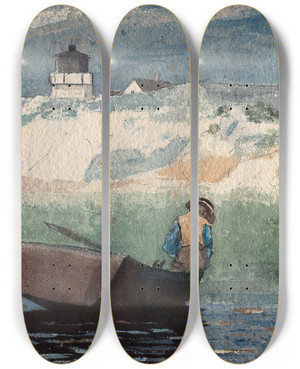 Triptych art skateboard deck of Winslow Homer Boy In Boat Gloucester by Winslow Homer (1836-1910)