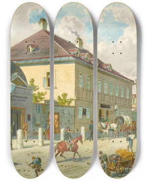 Triptych art skateboard deck of Franz Gerasch Die Mariahilfer Linie In Wien by Franz Gerasch (1826-1906)