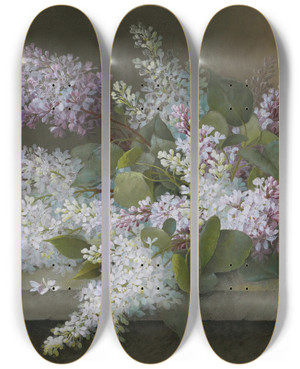 Triptych art skateboard deck of Raoul Marie Victor Maucherat De Longpre Branch Of Lilacs by Raoul Marie Victor Maucherat de Longpre (1855-1911)