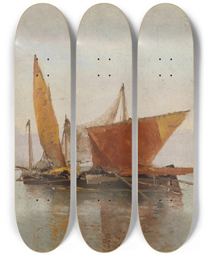 Triptych art skateboard deck of Leontine Von Littrow Segelboote by Leontine Von Littrow (1860-1914)