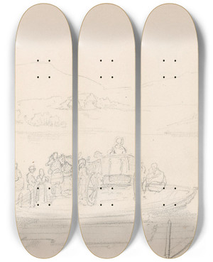 Triptych art skateboard deck of Adolph Tidemand Bt Med Hest Vogn Og Figurer Vormsund by Adolph Tidemand (1814-1876)