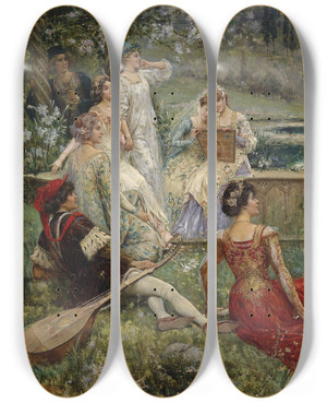 Triptych art skateboard deck of Salvatore Postiglione Motiv Aus Dem Decamerone by Salvatore Postiglione (1861-1906)