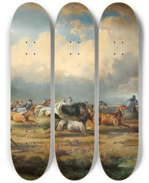 Triptych art skateboard deck of Adolf Van Der Venne Herd Of Horses On The Puszta by Adolf van der Venne (1828-1911)
