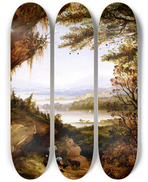 Triptych art skateboard deck of James Hamilton Scene On The Hudson Rip Van Winkle by James Hamilton (1819-1878)