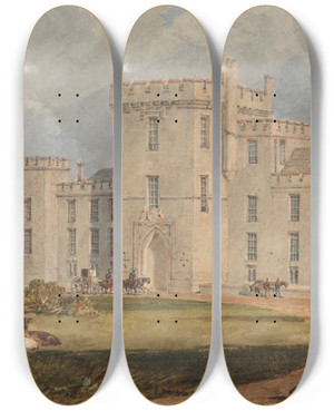 Triptych art skateboard deck of Joseph Mallord William Turner View Of Hampton Court Hertefordshire From The Northwest by Joseph Mallord William Turner (1775-1851)