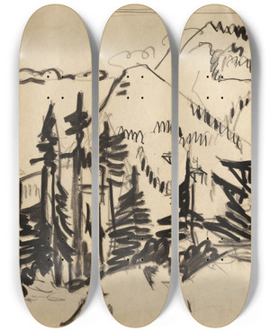 Triptych art skateboard deck of Ernst Ludwig Kirchner Mountain Landscape With Fir Trees by Ernst Ludwig Kirchner (1880-1938)