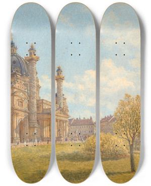 Triptych art skateboard deck of Franz Alt A View Of Saint Charless Church With Strollers by Franz Alt (1821-1914)