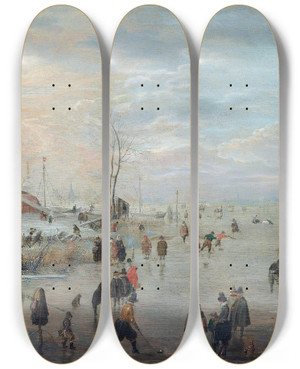 Triptych art skateboard deck of Hendrick Avercamp Enjoying The Ice by Hendrick Avercamp (1585-1634)