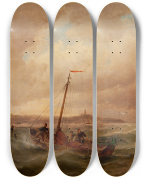 Triptych art skateboard deck of Pieter Cornelis Dommersen Shipping In The Harbor by Pieter Cornelis Dommersen (1833-1918)