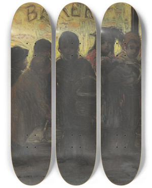 Triptych art skateboard deck of George Luks Breadline by George Luks (1866-1933)