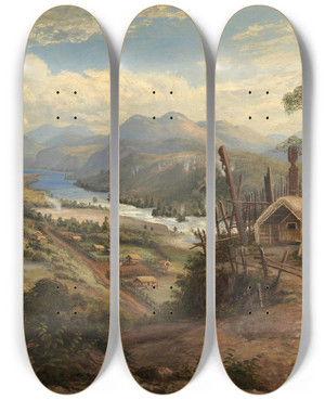 Triptych art skateboard deck of Charles Blomfield Orakei Korako On The Waikato by Charles Blomfield (1848-1926)