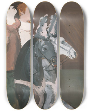 Triptych art skateboard deck of Cyprin Majernk Two Riders by Cyprian Majernik (1909-1945)