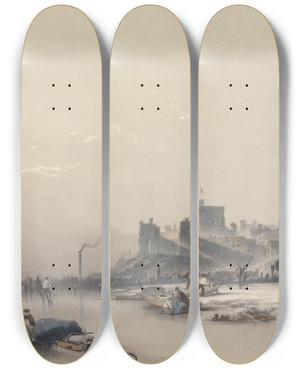 Triptych art skateboard deck of James Baker Pyne Windsor Castle From The Frozen River During The Great Frost by James Baker Pyne (1800-1870)