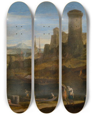 Triptych art skateboard deck of Johann Anton Eismann Seaside Landscape Ii by Johann Anton Eismann (1604-1698)