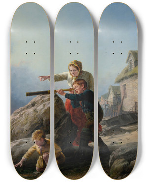 Triptych art skateboard deck of William Bromley Watching For Boats by William Bromley (1835-1888)
