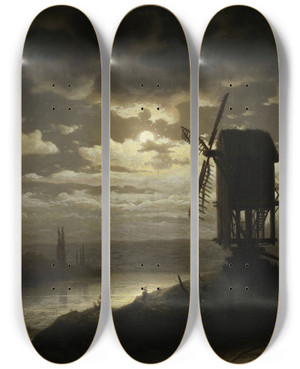Triptych art skateboard deck of Jzef Marszewski Nocturnal Landscape With Windmills by Jozef Marszewski (1825-1883)