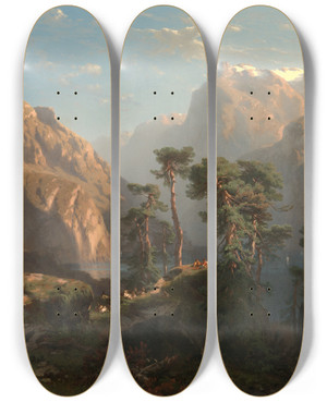 Triptych art skateboard deck of Alexandre Calame Vierwaldsttter See by Alexandre Calame (1810-1864)