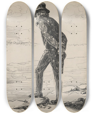 Triptych art skateboard deck of Charles Dana Gibson Is It Really Getting On His Nerves by Charles Dana Gibson (1867-1944)