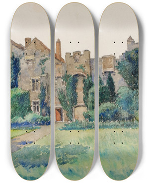 Triptych art skateboard deck of Cass Gilbert Compton Castle Devonshire England by Cass Gilbert (1859-1934)
