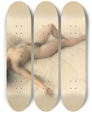 Triptych art skateboard deck of Mikhail Viktorovich Rundaltsov Reclining Nude by Mikhail Viktorovich Rundaltsov (1871-1935)
