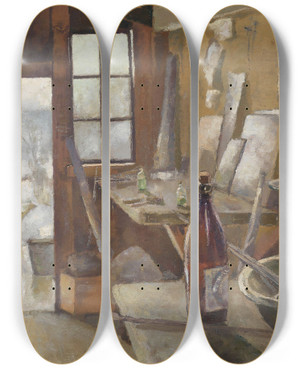 Triptych art skateboard deck of Kalle Lchen The Studio At Modum by Kalle Lochen (1865-1893)
