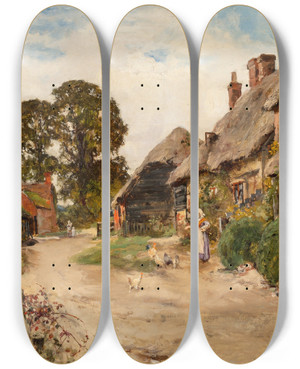Triptych art skateboard deck of Henry John Yeend King Feeding The Chickens by Henry John Yeend King (1855-1924)