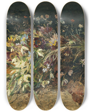 Triptych art skateboard deck of Olga Wisingerflorian A Bouquet Of Spring Flowers With Snowdrops by Olga Wisinger-Florian (1844-1926)