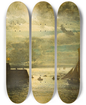 Triptych art skateboard deck of Alfred Wahlberg Moonlit Landscape by Alfred Wahlberg (1834-1906)