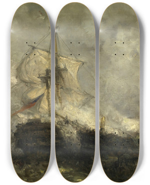 Triptych art skateboard deck of Henri Franois Schaefels A Naval Battle by Henri Francois Schaefels (1827-1904)