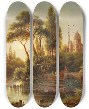 Triptych art skateboard deck of Albert Rieger The Orient In The Evening Light by Albert Rieger (1934-1905)
