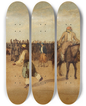 Triptych art skateboard deck of Prilidiano Pueyrredn En El Corral by Prilidiano Pueyrredon (1823-1870)