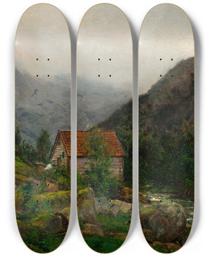 Triptych art skateboard deck of Amaldus Nielsen Regnstemning Rosendal by Amaldus Nielsen (1838-1932)
