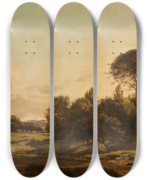 Triptych art skateboard deck of Anders Christian Lunde View Of Frederiksberg Palace From The Vicinity Of Ladegaardsvej by Anders Christian Lunde (1809-1886)