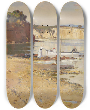 Triptych art skateboard deck of Tom Roberts Slumbering Sea Mentone by Tom Roberts (1856-1931)