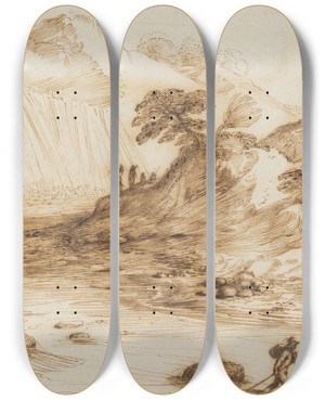 Triptych art skateboard deck of Guercino Landscape With A Waterfall by Guercino (1591-1666)