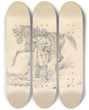 Triptych art skateboard deck of Henry Thomas Alken Turbaned Cavalryman Standing Beside A Horse by Henry Thomas Alken (1785-1851)