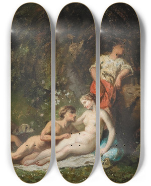 Triptych art skateboard deck of Circle Of Narcisso Diaz De La Pea A Lovers Tryst by Circle of Narcisso Diaz de la Pea (1807-1876)