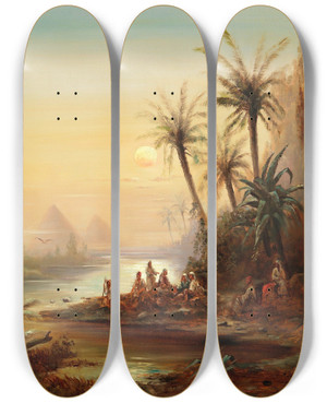 Triptych art skateboard deck of Albert Rieger Evening On The Nile by Albert Rieger (1934-1905)