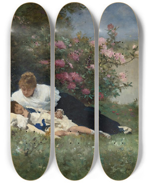 Triptych art skateboard deck of Ferdinand Heilbuth At Rest Among The Flowers by Ferdinand Heilbuth (1826-1889)