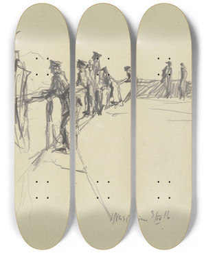 Triptych art skateboard deck of Jakob Nussbaum Street In Laon by Jakob Nussbaum (1873-1936)