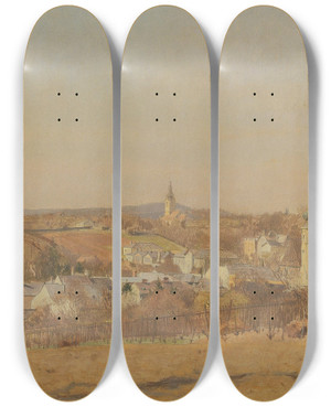 Triptych art skateboard deck of Emanuel Baschny Grinzing In Early Spring by Emanuel Baschny (1876-1932)