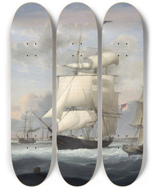 Triptych art skateboard deck of Fitz Henry Lane New York Harbor by Fitz Henry Lane (1804-1865)
