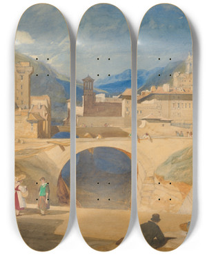 Triptych art skateboard deck of John Sell Cotman Bridge In A Continental Town_2 by John Sell Cotman (1782-1842)