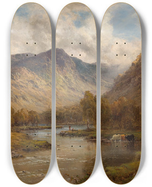 Triptych art skateboard deck of Alfred De Branski The Tay Near Dunkeld Scotland by Alfred De Breanski (1852-1928)