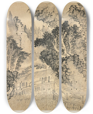 Triptych art skateboard deck of Mei Qing Landscapes In Various Styles After Old Masters 2 by Mei Qing (1623-1697)