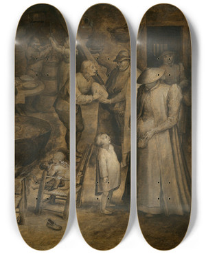 Triptych art skateboard deck of Jan Brueghel The Elder Visit To The Farm by Jan Brueghel The Elder (1568-1625)