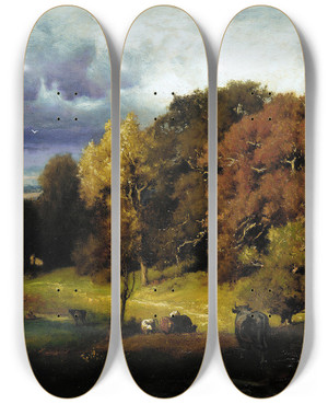Triptych art skateboard deck of George Inness Autumn Oaks by George Inness (1825-1894)